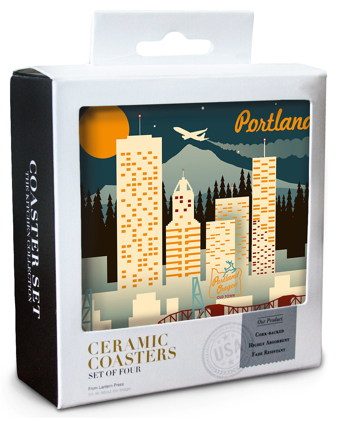 Portland, Oregon, Retro Skyline, Lantern Press Artwork, Coaster Set Coasters Lantern Press 