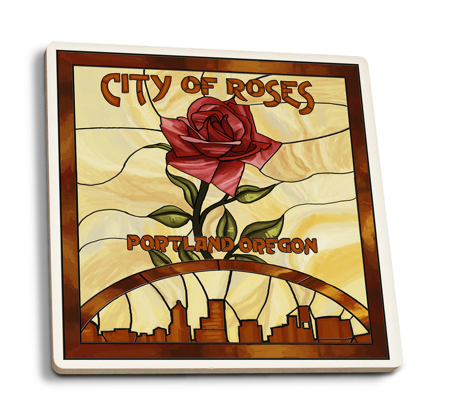 Portland, Oregon, Rose and Skyline Stained Glass, Lantern Press Artwork, Coaster Set Coasters Lantern Press 