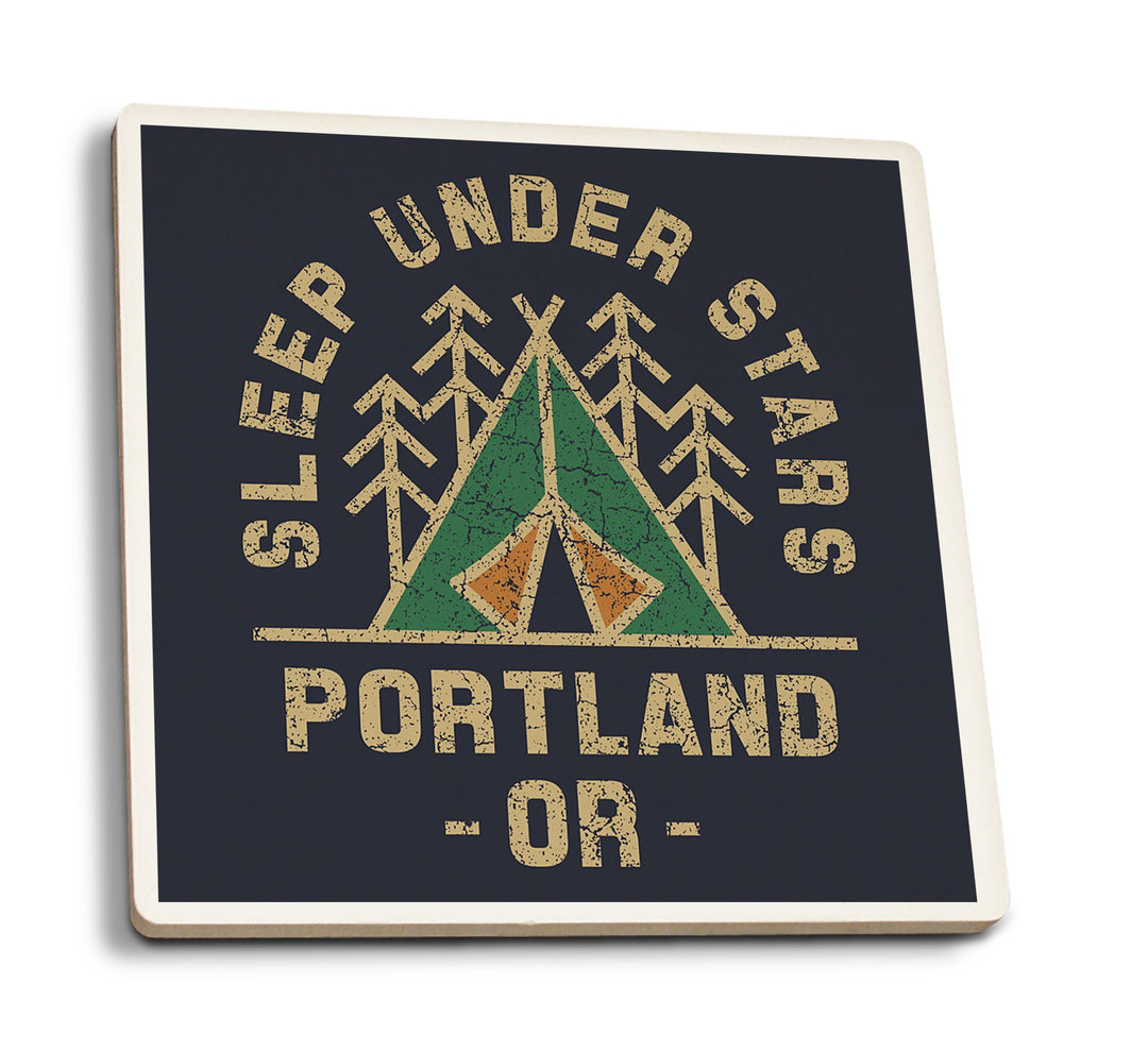 Portland, Oregon, Sleep Under the Stars, Camping, Contour, Lantern Press Artwork, Coaster Set Coasters Lantern Press 