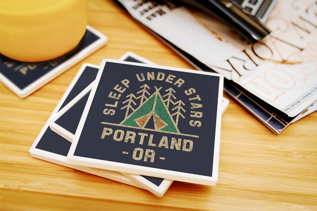 Portland, Oregon, Sleep Under the Stars, Camping, Contour, Lantern Press Artwork, Coaster Set Coasters Lantern Press 