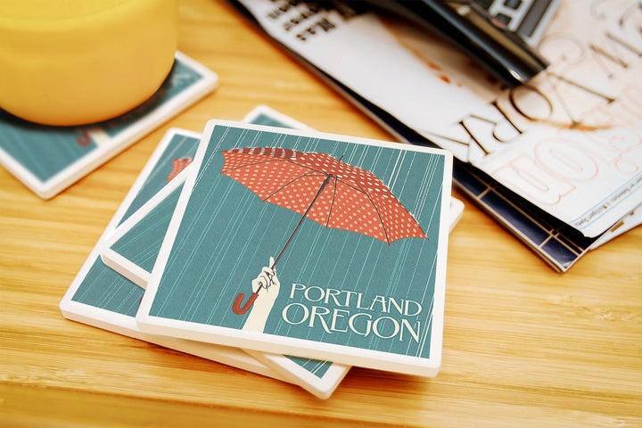Portland, Oregon, Umbrella, Letterpress, Lantern Press Artwork, Coaster Set Coasters Lantern Press 