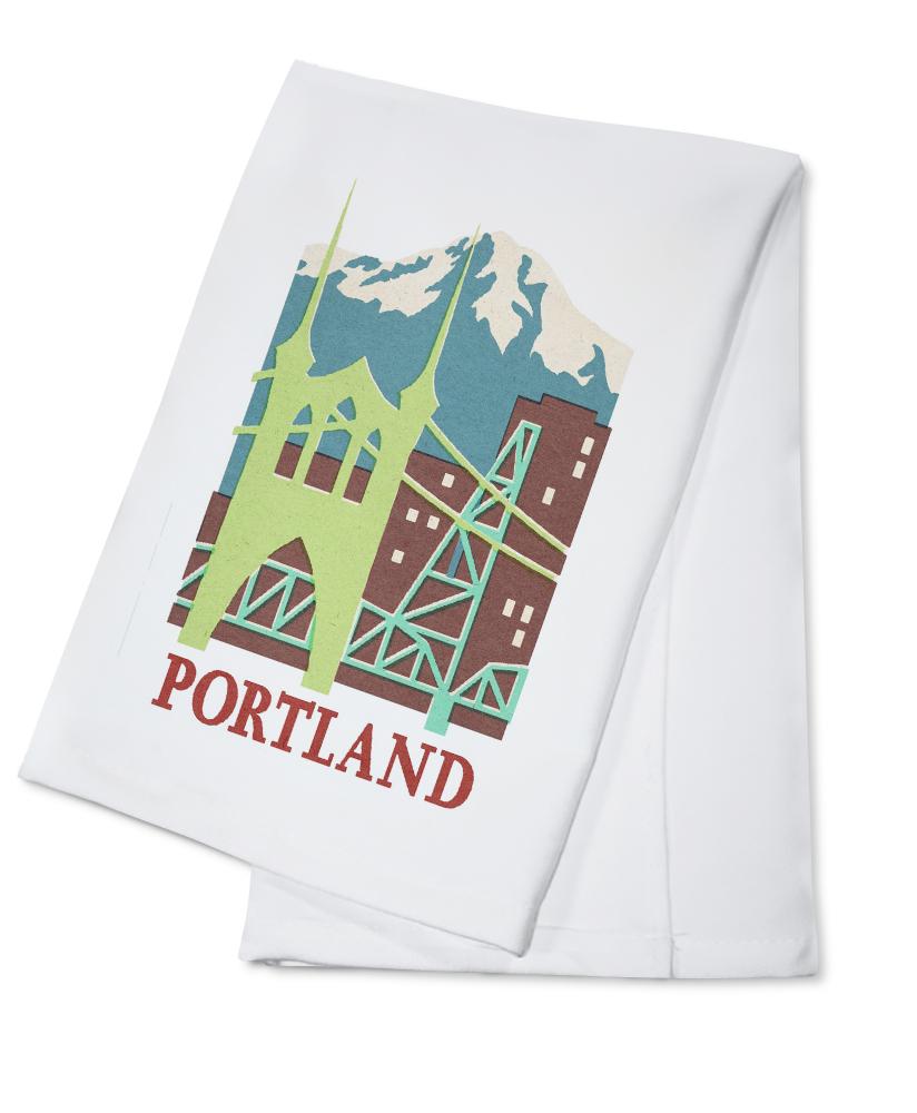 Portland, Oregon, Woodblock, Contour, Lantern Press Artwork, Towels and Aprons Kitchen Lantern Press Cotton Towel 