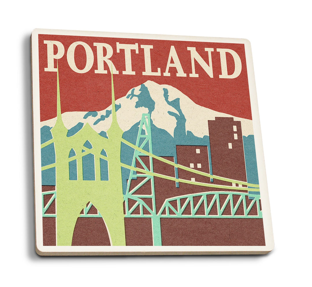 Portland, Oregon, Woodblock, Lantern Press Artwork, Coaster Set Coasters Lantern Press 