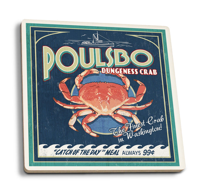 Poulsbo, Washington, Dungeness Crab Vintage Sign, Lantern Press Artwork, Coaster Set Coasters Lantern Press 