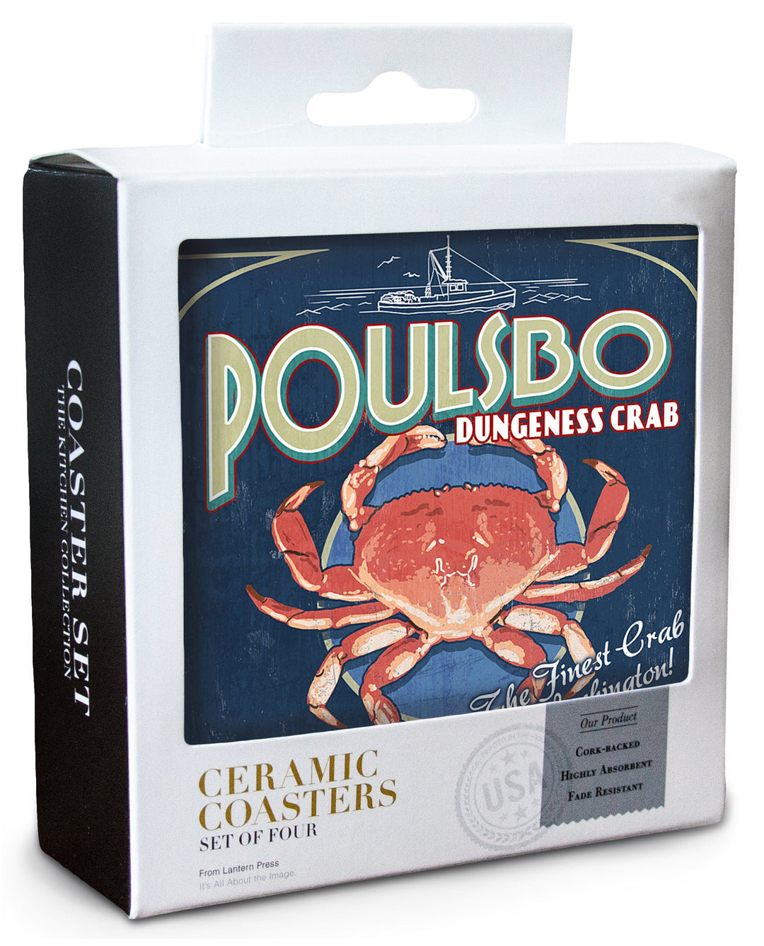Poulsbo, Washington, Dungeness Crab Vintage Sign, Lantern Press Artwork, Coaster Set Coasters Lantern Press 