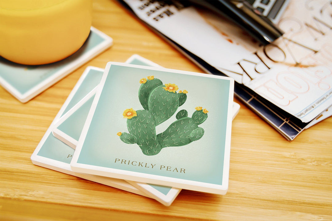 Prickly Pear with Yellow Flowers, Vintage Flora, Lantern Press Artwork, Coaster Set Coasters Lantern Press 