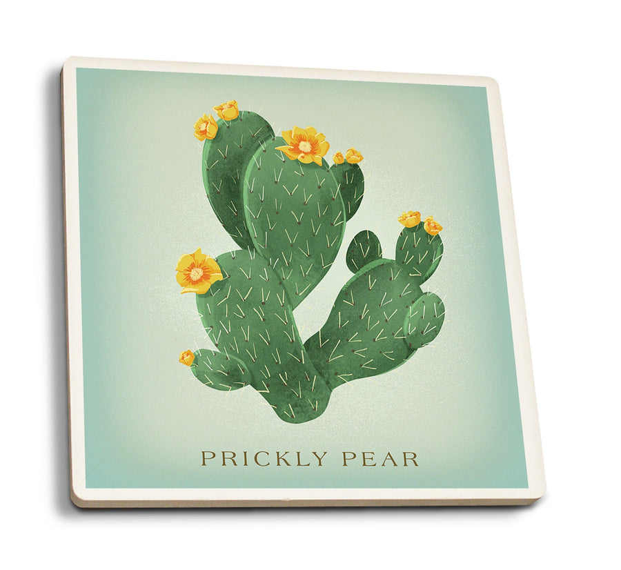 Prickly Pear with Yellow Flowers, Vintage Flora, Lantern Press Artwork, Coaster Set Coasters Lantern Press 