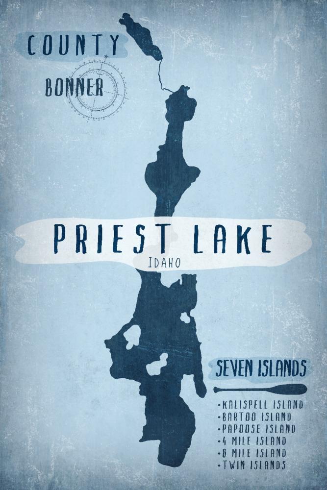 Priest Lake, Idaho, Lake Essentials, Shape, Acreage & County, Lantern Press Artwork, Art Prints and Metal Signs Art Lantern Press 12 x 18 Art Print 