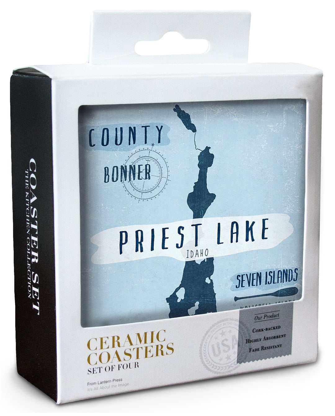 Priest Lake, Idaho, Lake Essentials, Shape, Acreage & County, Lantern Press Artwork, Coaster Set Coasters Lantern Press 