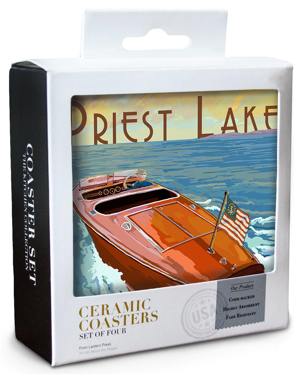 Priest Lake, Idaho, Wooden Boat, Lantern Press Artwork, Coaster Set Coasters Lantern Press 