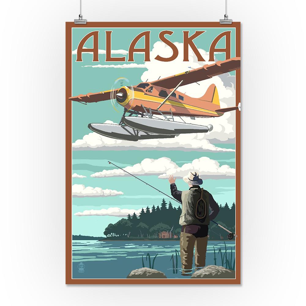 Prints (Alaska, Float Plane & Fisherman, Lantern Press Artwork) Art Lantern Press 16 x 24 Giclee Print 