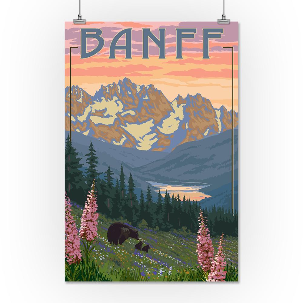 Prints (Banff, Alberta, Canada, Bear and Spring Flowers (with border), Lantern Press Artwork) Decor-Prints Lantern Press 16 x 24 Giclee Print 