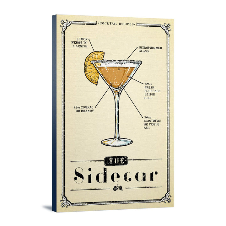 Prohibition, Cocktail Recipe, Sidecar, Lantern Press Artwork, Stretched Canvas Canvas Lantern Press 