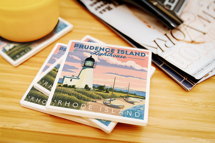 Prudence Island, Rhode Island, Lighthouse, Lantern Press Artwork, Coaster Set Coasters Lantern Press 