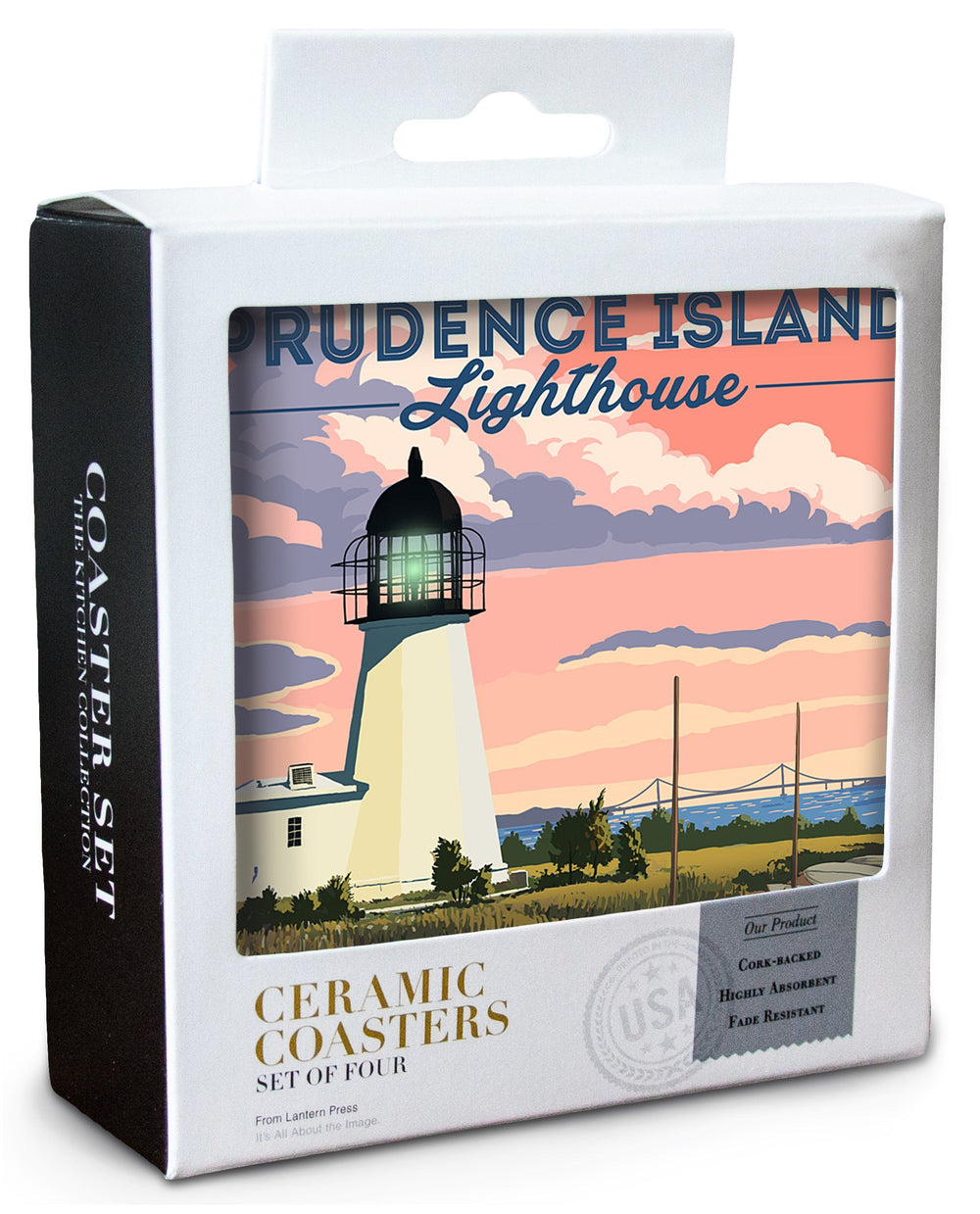 Prudence Island, Rhode Island, Lighthouse, Lantern Press Artwork, Coaster Set Coasters Lantern Press 