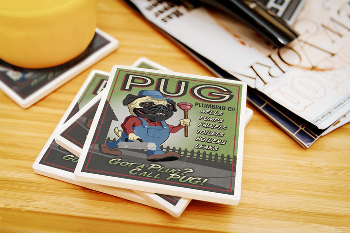 Pug, Retro Plumbing Ad, Lantern Press Artwork, Coaster Set Coasters Lantern Press 