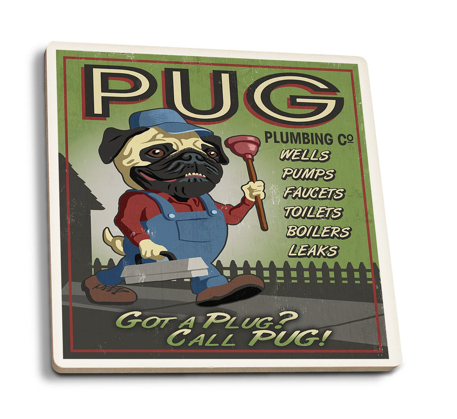 Pug, Retro Plumbing Ad, Lantern Press Artwork, Coaster Set Coasters Lantern Press 