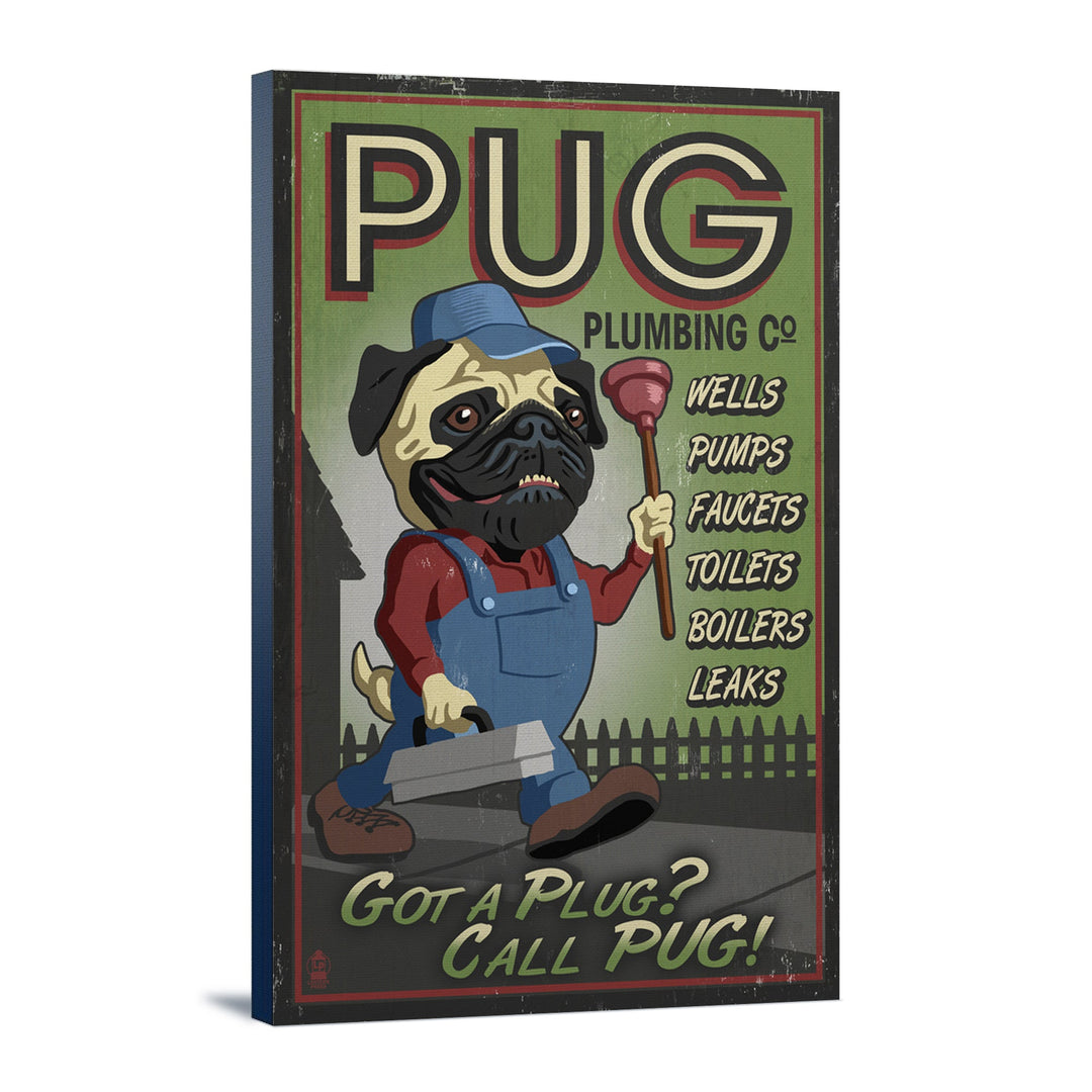 Pug, Retro Plumbing Ad, Lantern Press Artwork, Stretched Canvas Canvas Lantern Press 12x18 Stretched Canvas 