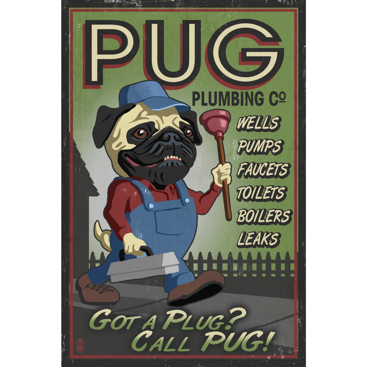 Pug, Retro Plumbing Ad, Lantern Press Artwork, Stretched Canvas Canvas Lantern Press 
