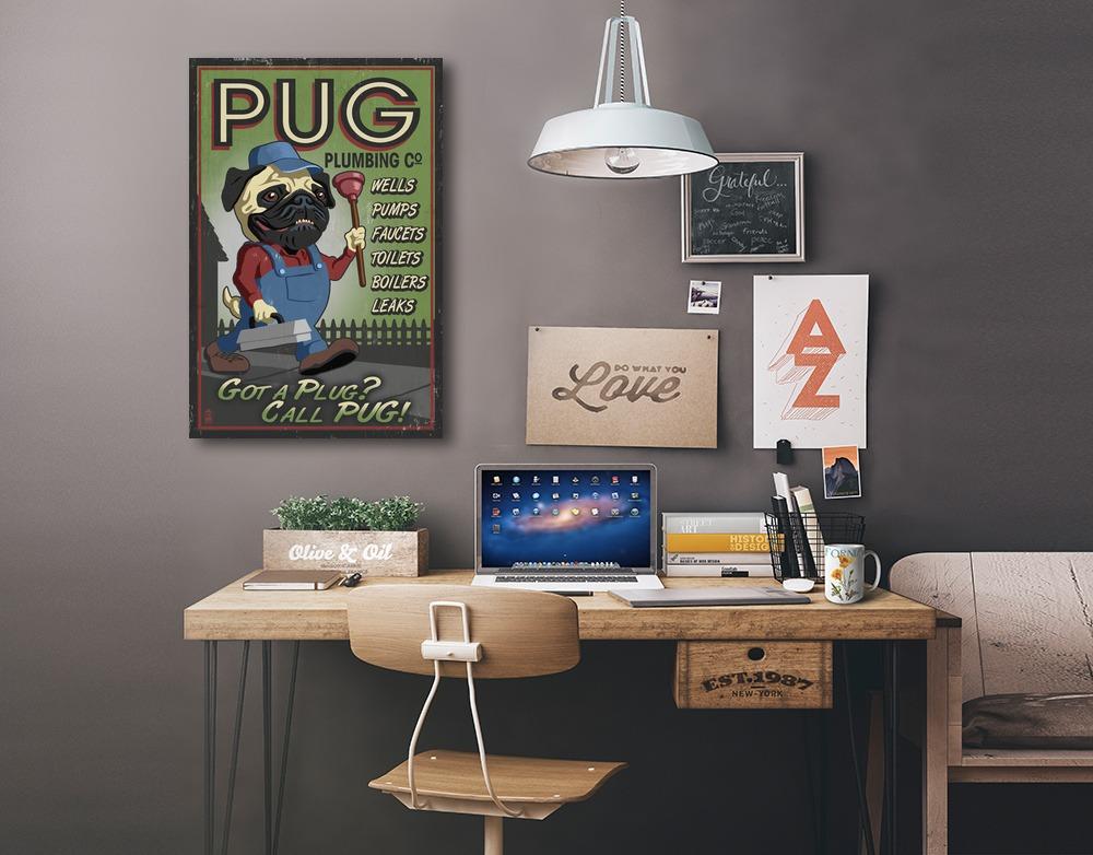 Pug, Retro Plumbing Ad, Lantern Press Artwork, Stretched Canvas Canvas Lantern Press 