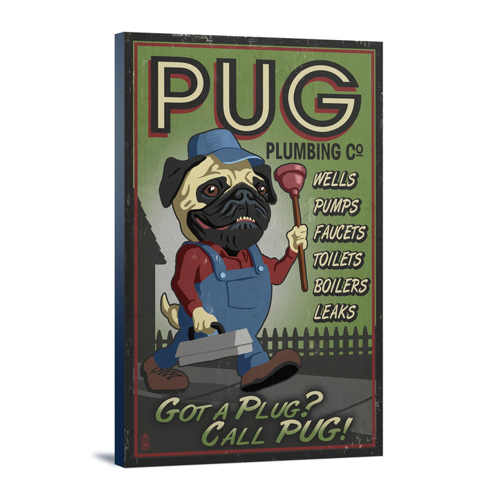 Pug, Retro Plumbing Ad, Lantern Press Artwork, Stretched Canvas Canvas Lantern Press 24x36 Stretched Canvas 