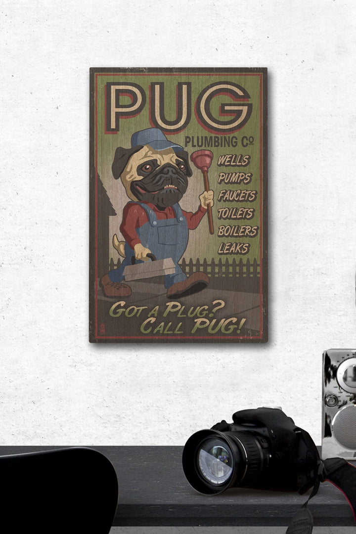 Pug, Retro Plumbing Ad, Lantern Press Artwork, Wood Signs and Postcards Wood Lantern Press 12 x 18 Wood Gallery Print 