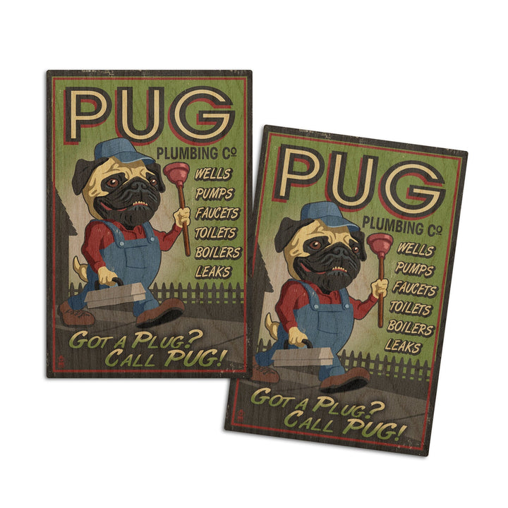 Pug, Retro Plumbing Ad, Lantern Press Artwork, Wood Signs and Postcards Wood Lantern Press 4x6 Wood Postcard Set 