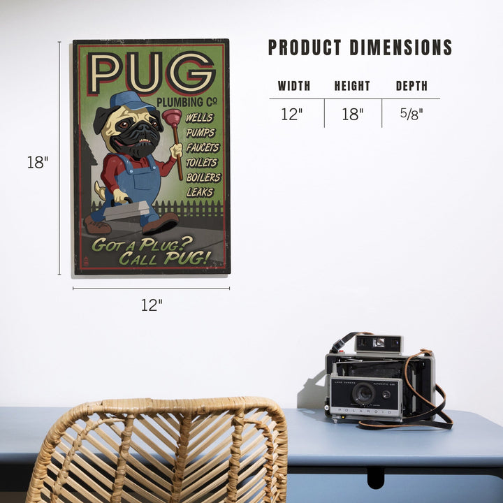 Pug, Retro Plumbing Ad, Lantern Press Artwork, Wood Signs and Postcards Wood Lantern Press 