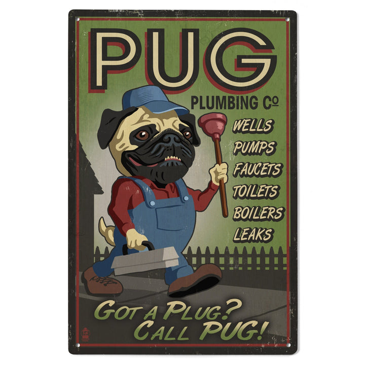 Pug, Retro Plumbing Ad, Lantern Press Artwork, Wood Signs and Postcards Wood Lantern Press 