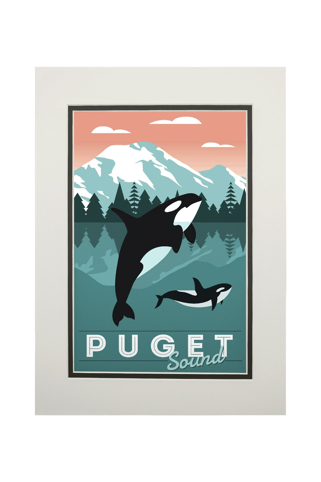 Puget Sound, Orca Whale & Calf, Go Freestyle, Lantern Press Artwork, Art Prints and Metal Signs Art Lantern Press 11 x 14 Matted Art Print 