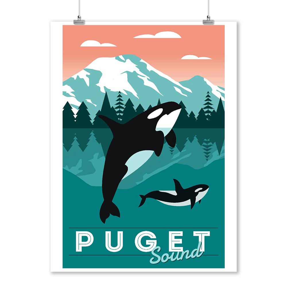 Puget Sound, Orca Whale & Calf, Go Freestyle, Lantern Press Artwork, Art Prints and Metal Signs Art Lantern Press 12 x 18 Art Print 