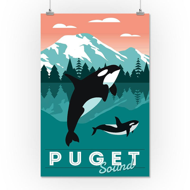 Puget Sound, Orca Whale & Calf, Go Freestyle, Lantern Press Artwork, Art Prints and Metal Signs Art Lantern Press 16 x 24 Giclee Print 