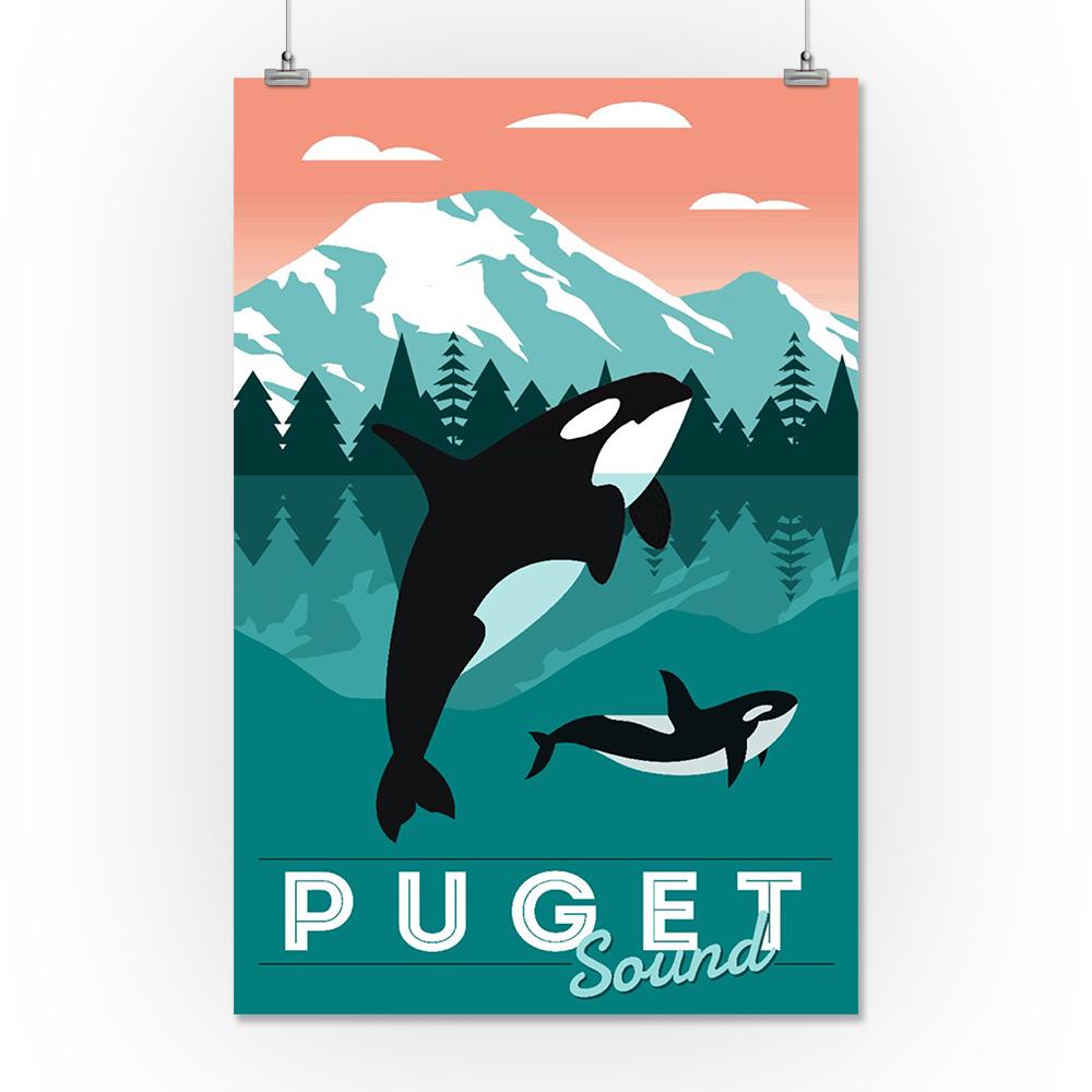 Puget Sound, Orca Whale & Calf, Go Freestyle, Lantern Press Artwork, Art Prints and Metal Signs Art Lantern Press 24 x 36 Giclee Print 