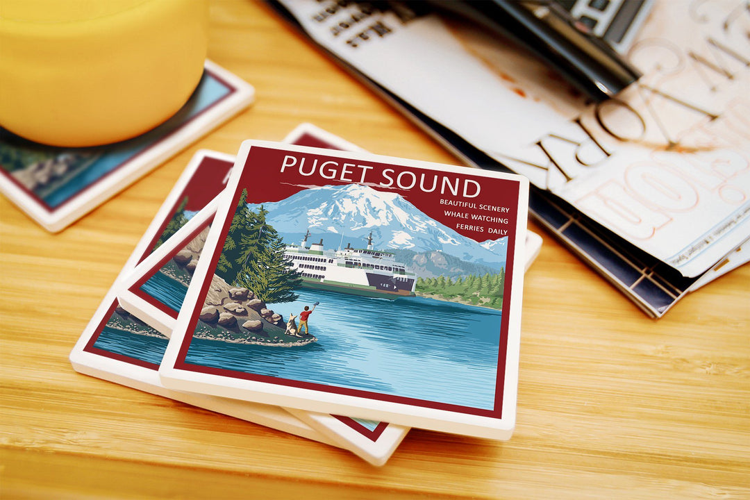 Puget Sound, Washington, Ferry & Mount Rainier Scene, Lantern Press Artwork, Coaster Set Coasters Lantern Press 