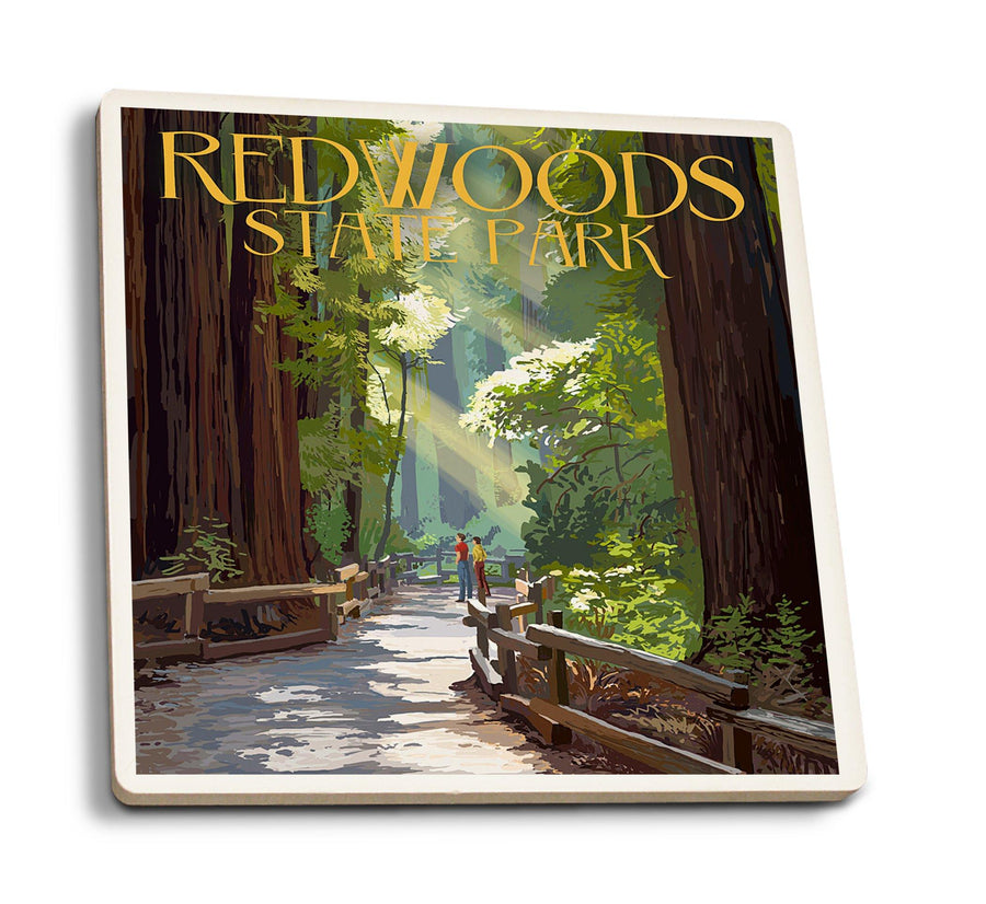 Redwoods Park, California, Pathway in Trees, Lantern Press Artwork, Coaster Set Coasters Lantern Press 