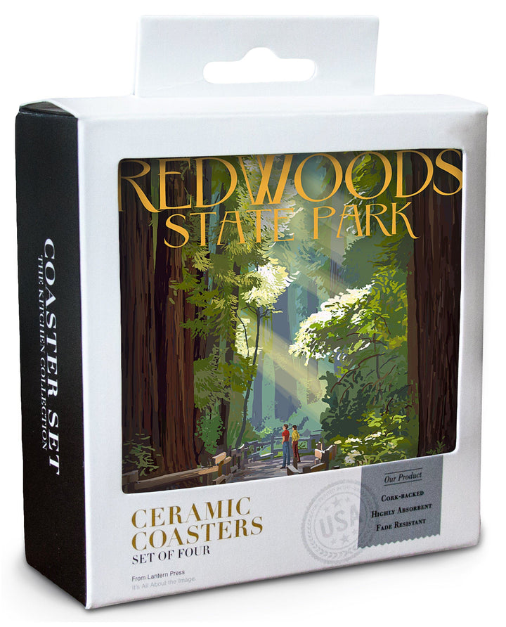 Redwoods Park, California, Pathway in Trees, Lantern Press Artwork, Coaster Set Coasters Lantern Press 