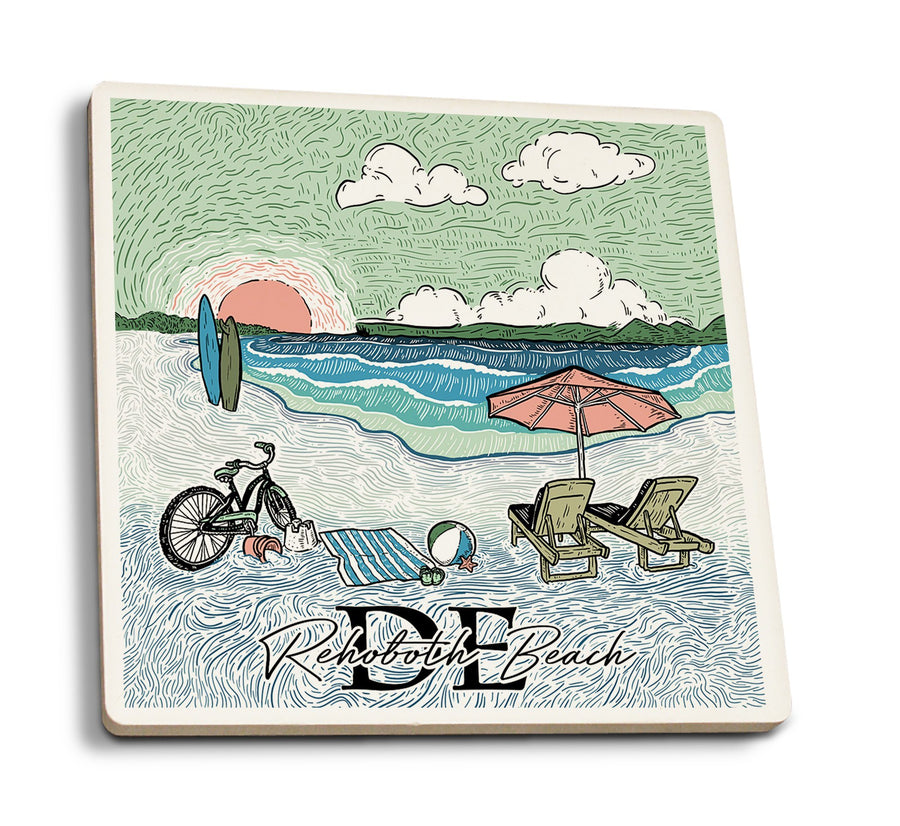 Rehoboth Beach, Delaware, Beach Scene, Sketch, Lantern Press Artwork, Coaster Set Coasters Lantern Press 