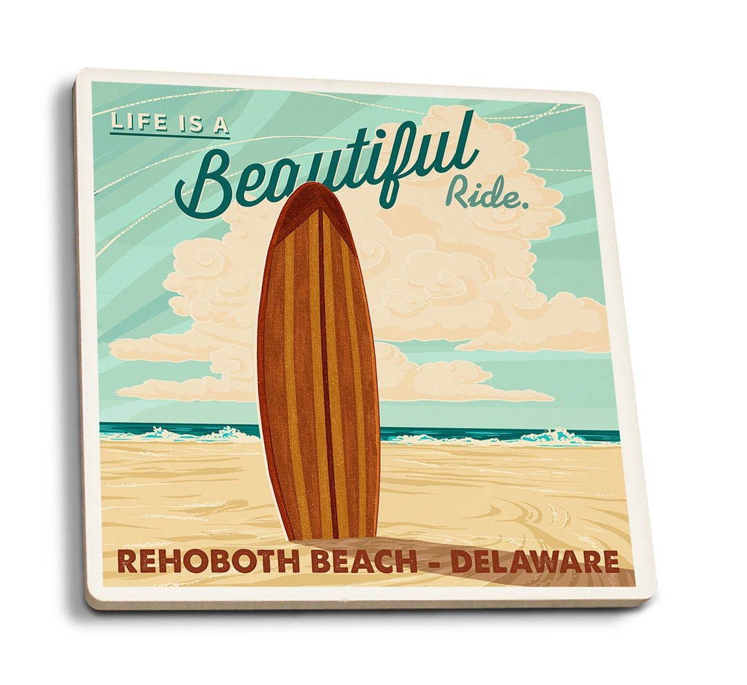 Rehoboth Beach, Delaware, Life is a Beautiful Ride, Surfboard, Letterpress, Contour, Lantern Press Artwork, Coaster Set Coasters Lantern Press 
