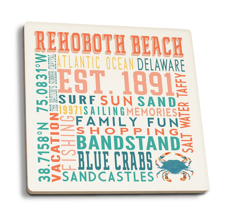 Rehoboth Beach, Delaware, Typography, Lantern Press Artwork, Coaster Set Coasters Lantern Press 