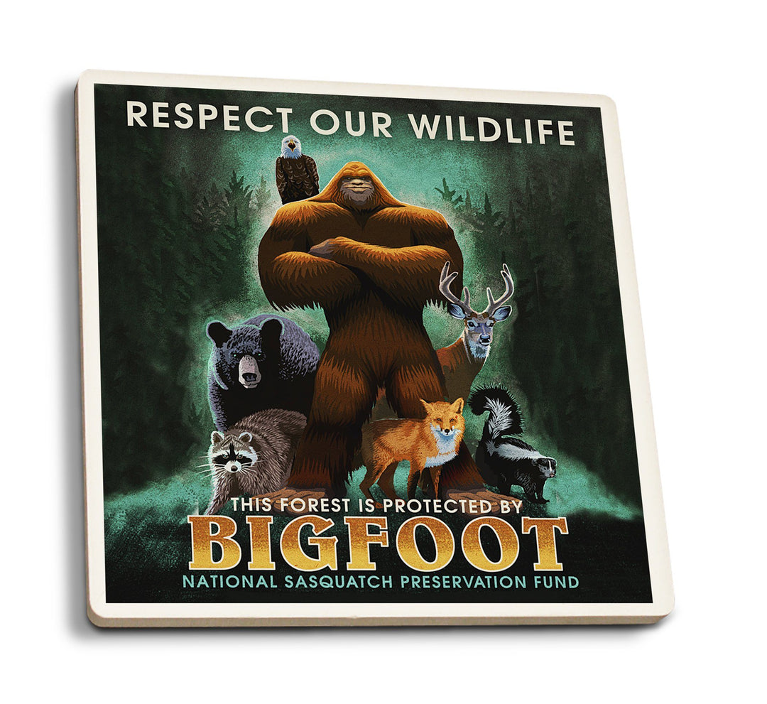 Respect Our Wildlife, Bigfoot, Lantern Press Artwork, Coaster Set Coasters Lantern Press 