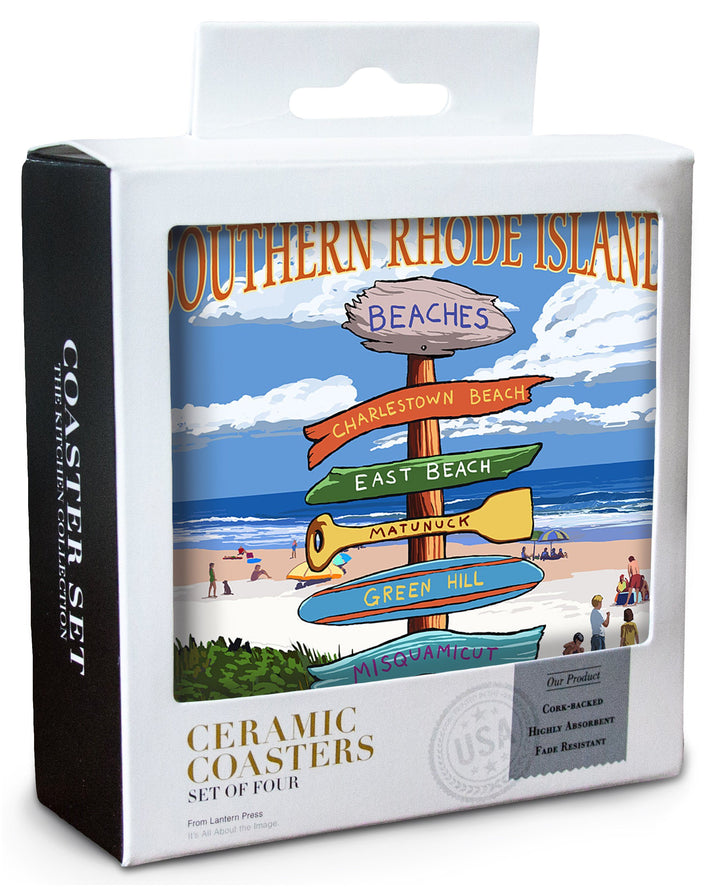 Rhode Island, Southern Beaches Sign Destinations, Lantern Press Artwork, Coaster Set Coasters Lantern Press 