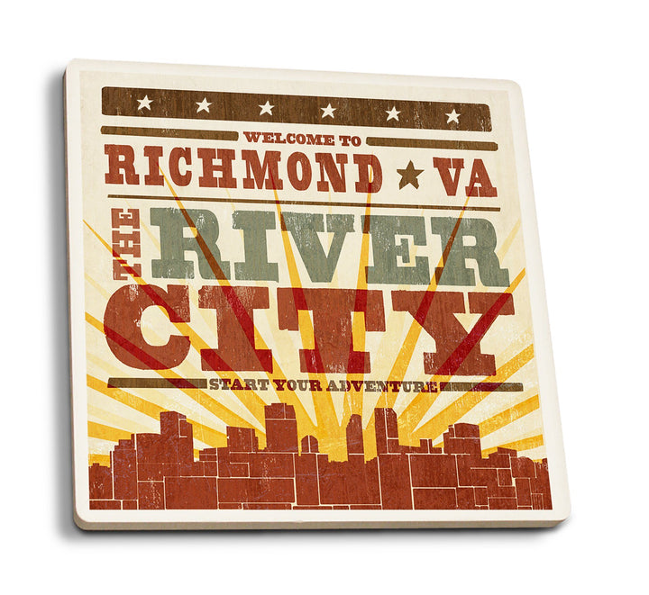 Richmond, Virginia, Skyline & Sunburst Screenprint Style, Lantern Press Artwork, Coaster Set Coasters Lantern Press 