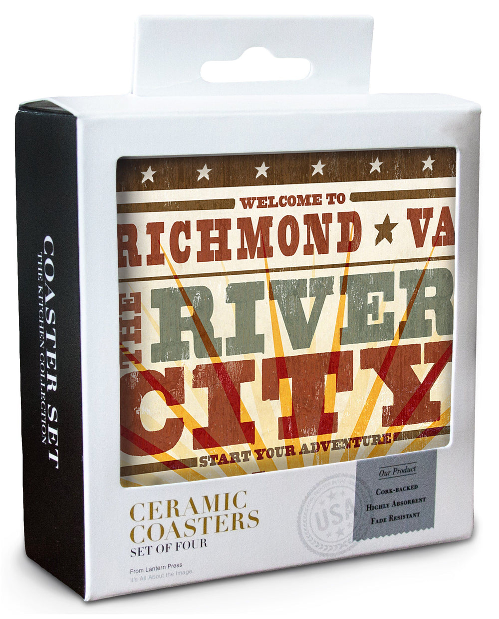Richmond, Virginia, Skyline & Sunburst Screenprint Style, Lantern Press Artwork, Coaster Set Coasters Lantern Press 