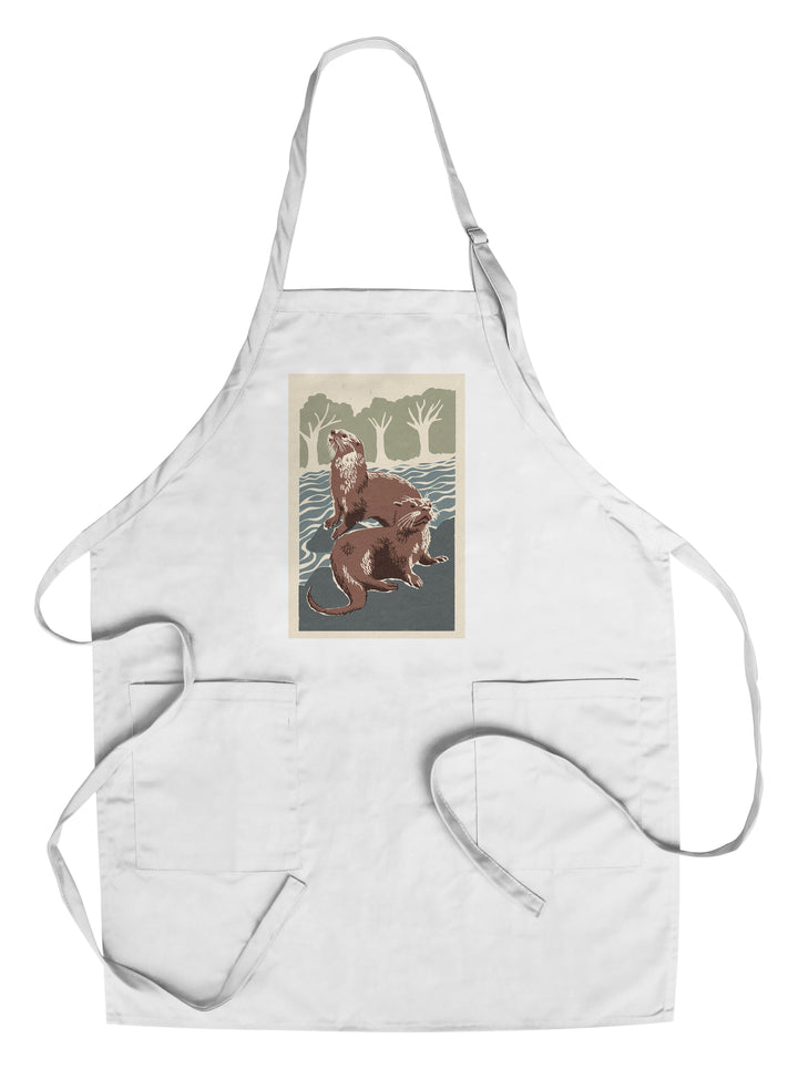 River Otters, Woodblock Print, Lantern Press Artwork, Towels and Aprons Kitchen Lantern Press Chef's Apron 