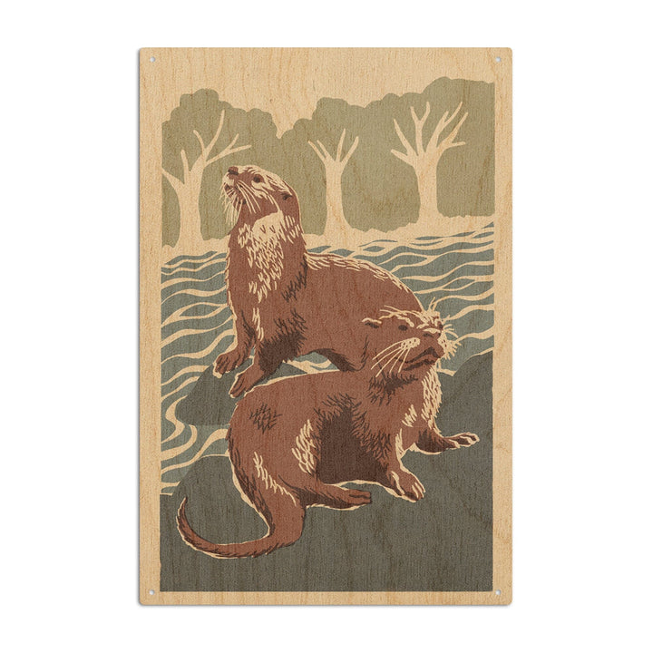 River Otters, Woodblock Print, Lantern Press Artwork, Wood Signs and Postcards Wood Lantern Press 10 x 15 Wood Sign 