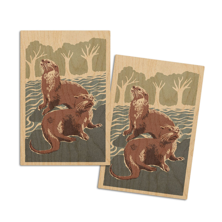 River Otters, Woodblock Print, Lantern Press Artwork, Wood Signs and Postcards Wood Lantern Press 4x6 Wood Postcard Set 