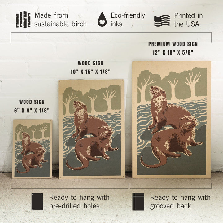 River Otters, Woodblock Print, Lantern Press Artwork, Wood Signs and Postcards Wood Lantern Press 