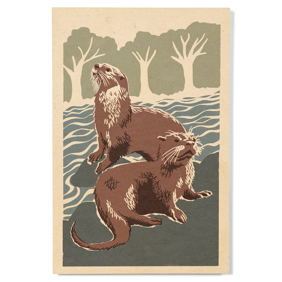 River Otters, Woodblock Print, Lantern Press Artwork, Wood Signs and Postcards Wood Lantern Press 