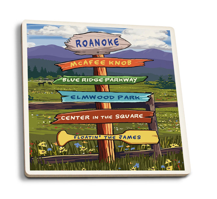 Roanoke, Virginia, Destination Signpost, Lantern Press Artwork, Coaster Set Coasters Lantern Press 
