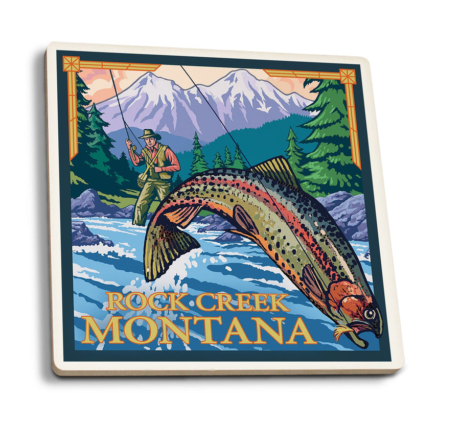 Rock Creek, Montana, Fly Fishing Scene, Lantern Press Artwork, Coaster Set Coasters Lantern Press 